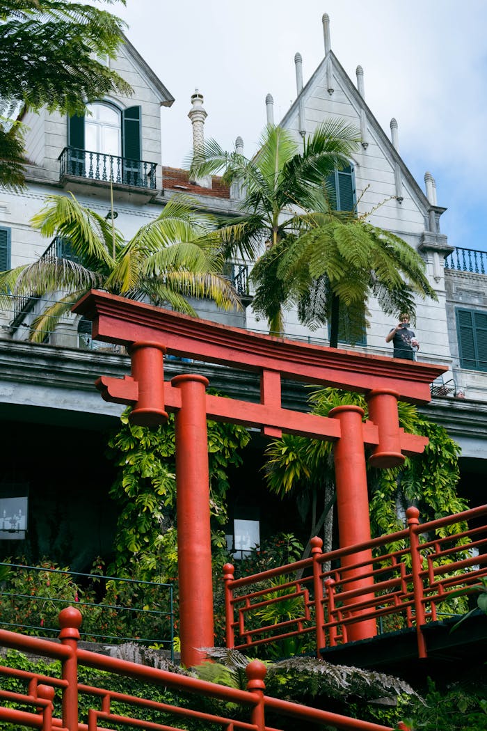Services A red Torii gate in the lush Monte Palace Jardim Tropical, Madeira.