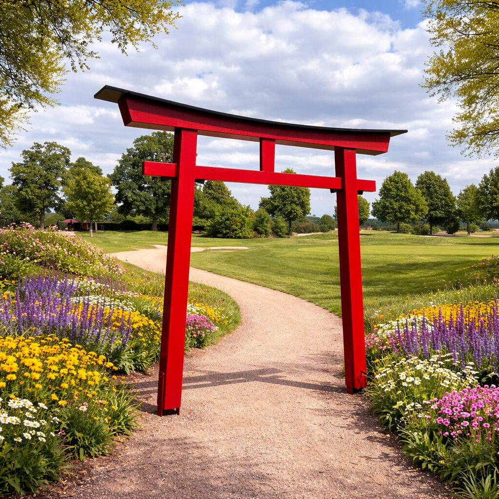 Japanisches Torii aus Holz im Garten mit Blumenbeeten – Myojin Torii 007 rot im europäischen Landschaftsgarten