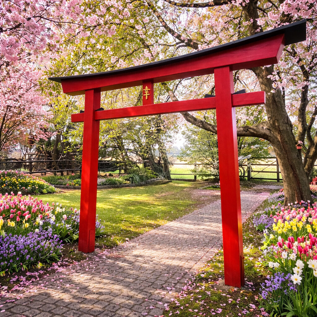 Rotes japanisches Torii aus Holz unter Kirschblüten im Garten – Myojin Torii 007 mit traditioneller Form