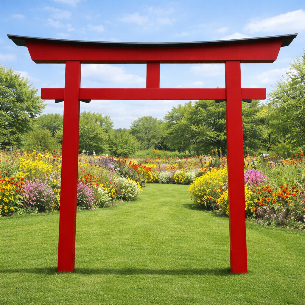 Myojin Torii 007 aus Holz rot frontal im Garten – japanisches Gartentor mit geschwungenem Dach