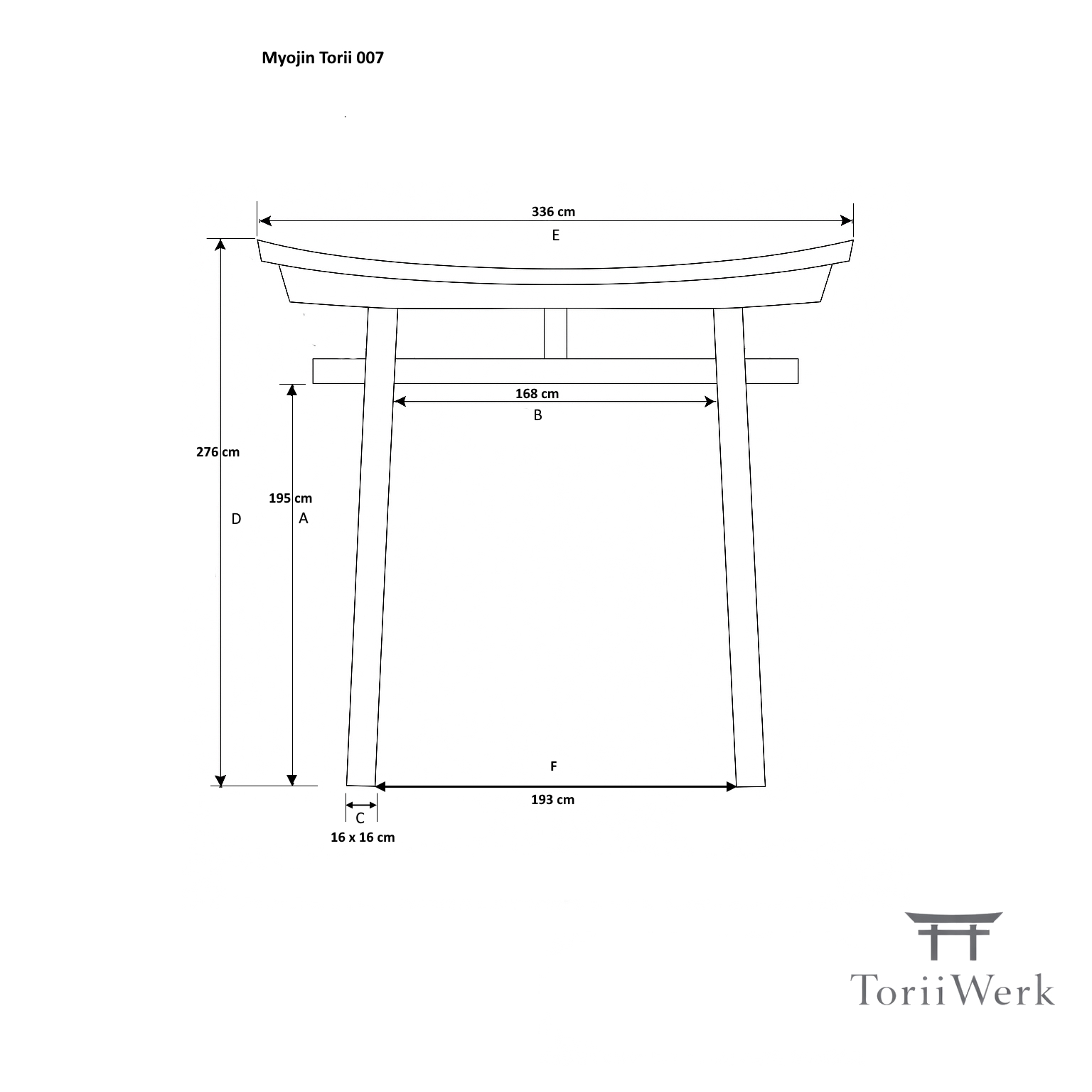 Technische Zeichnung Myojin Torii 007 mit Maßen – Höhe 276 cm Breite 336 cm japanisches Torii Holz