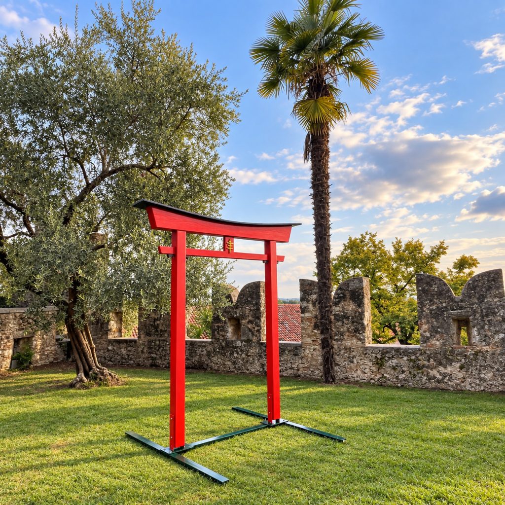 Torii im Bodengestell vor Schlossmauer